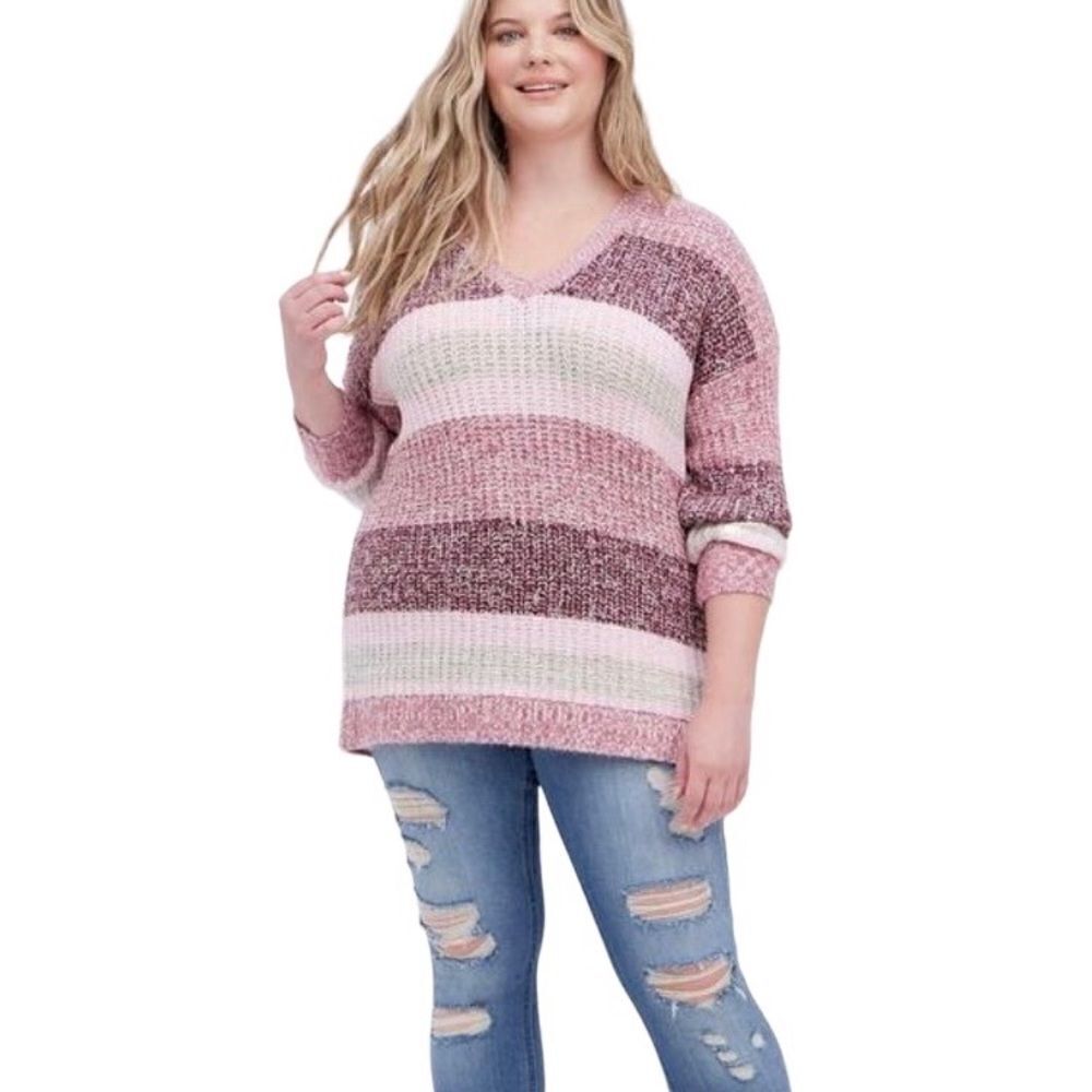 Torrid Pullover‎ Slouchy V-Neck Tunic Sweater Chunky pink ombre Stripe M/10/00